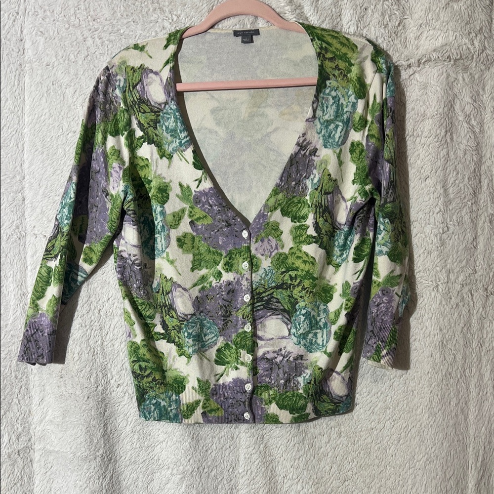 Ann Taylor Green and Purple Floral Cardigan